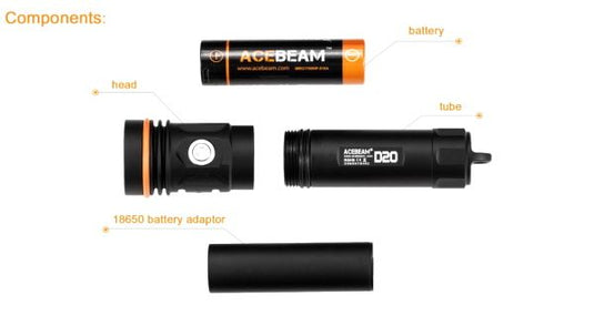 Acebeam D20 Dive Light-2700Lumens-296m on land-200m Depth Rated