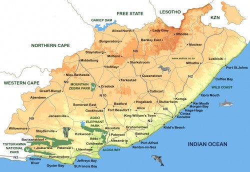 Illustrated map of the Eastern Cape region of South Africa, showing towns, roads, national parks, coastlines, and neighbouring provinces.