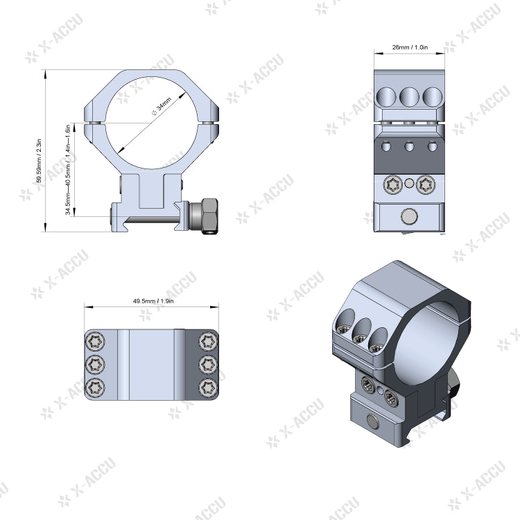 Load image into Gallery viewer, X-ACCU 34mm Adjustable Elevation Picatinny Rings
