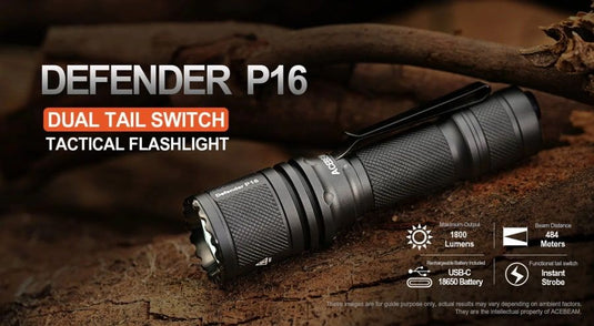 Acebeam P16 Defender Dual Tail Switch Tactical Flashlight - 1800 Lumens, Black